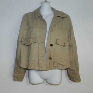 Zara long sleeve multi button pocket cropped denim jacket in light camel / tan